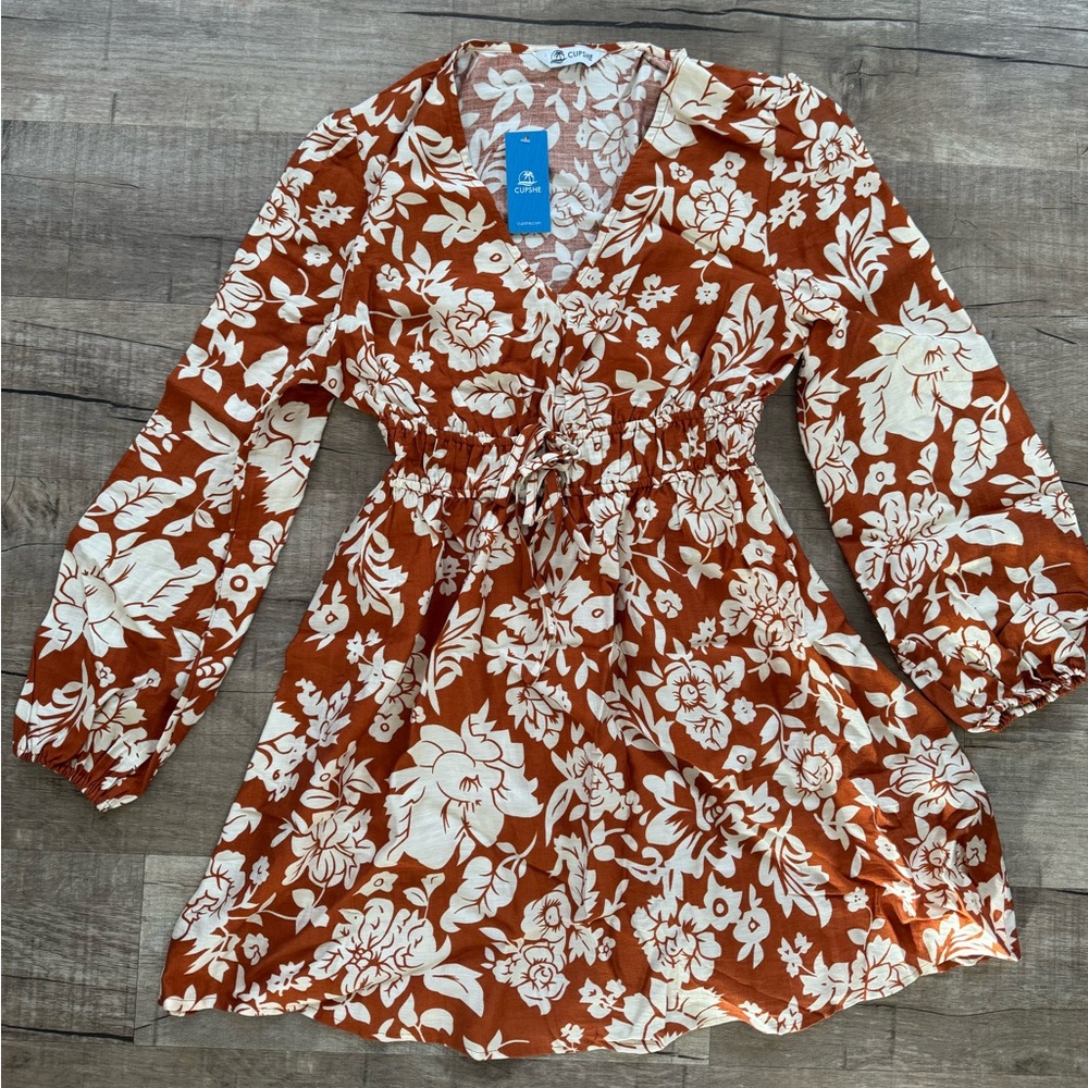 Cupshe Floral Long Sleeve Dress - Brown and White